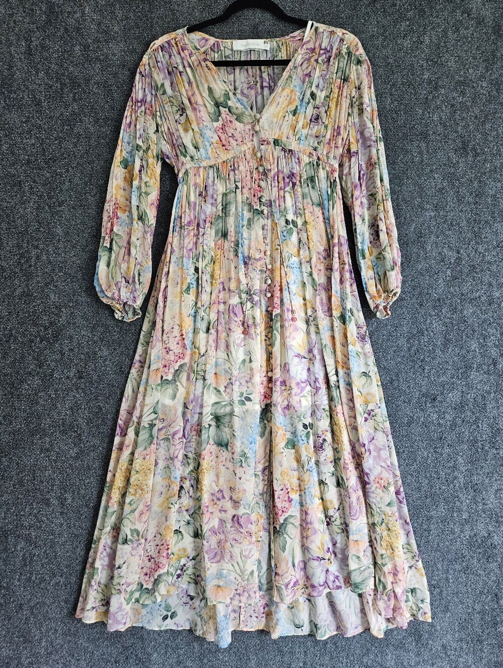 Zimmermann Cream Floral Maxi Dress with Pink, Lavender and Yellow Accents